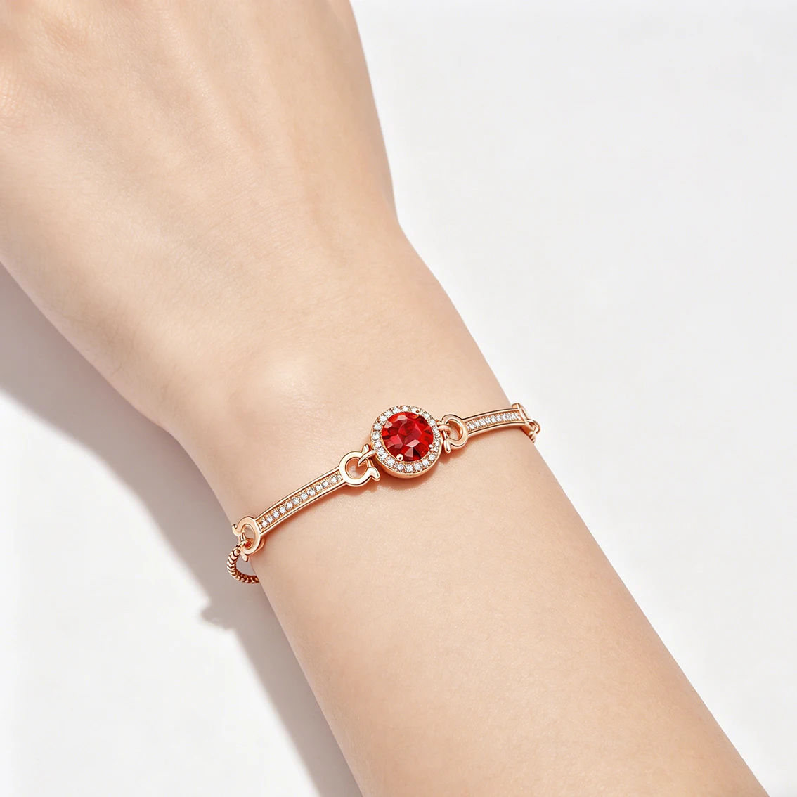 4Pcs Rose Gold Red Garnet Jewelry Set for Women Sparkling Necklace Earrings Bracelet Ring Wedding Anniversary Gift