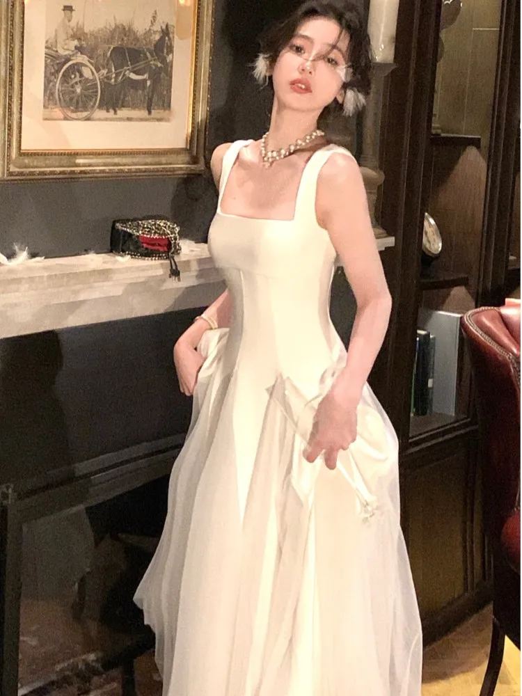 

Woman Summer Fairy French Mesh Ball Gown White Elegant Square-Collar Slim Fit Sling Dress Skirt Chic Party Evening Dress 2025