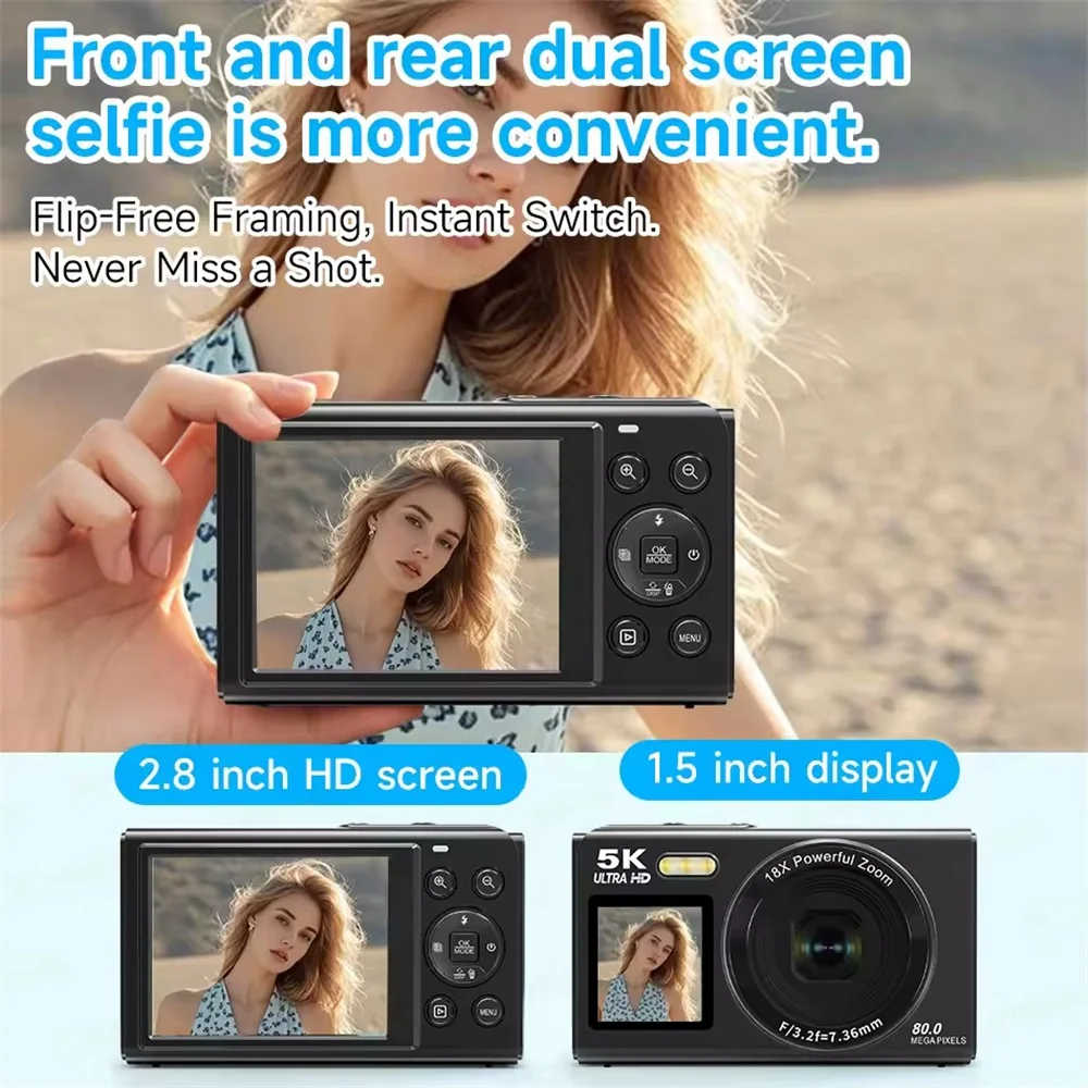 

For Kid Adult Photography 5K Dual Screen Digital Camera 80MP Retro CCD Photographic Cameras 8000W Pixel Auto Focus with 18x Zoom