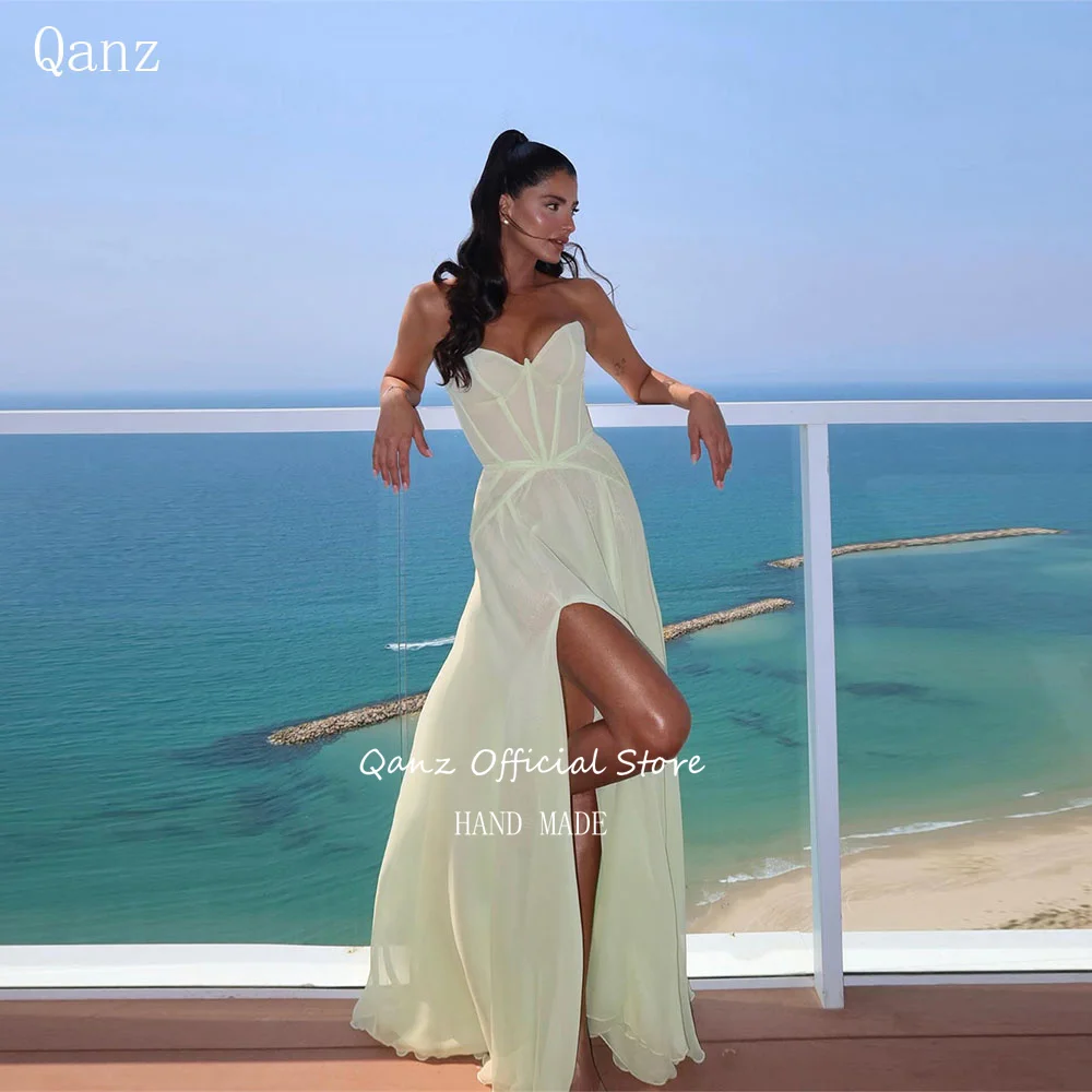 

Qanz Beach Evening Dresses Mint Green Chiffon High Slit Vestidos De Fiesta Elegantes Floor Lengh 2025 Robe De Soiré Customize