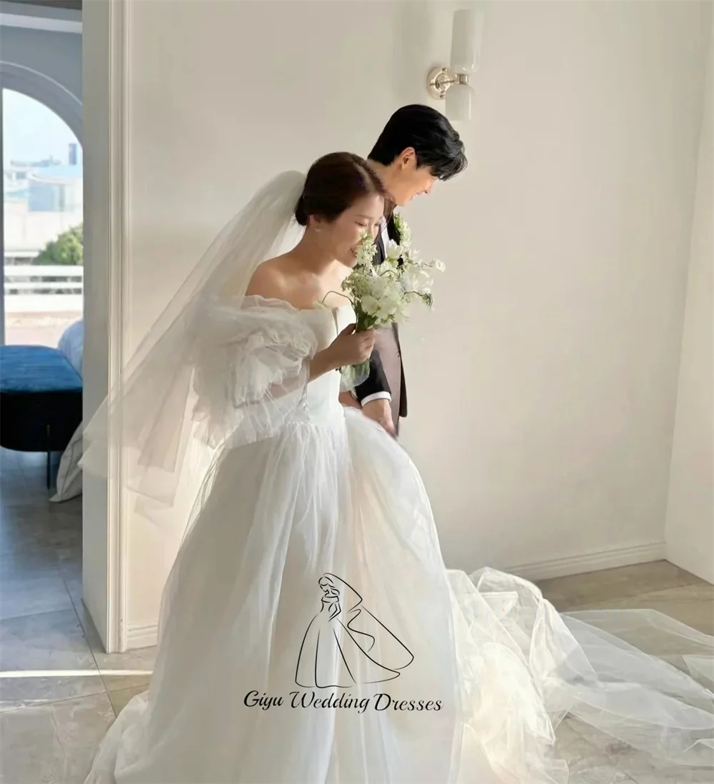Giyu Customized Fairy Puff Sleeves Wedding Dress Off Shoulder A-Line Tulle Korea Photo Shoot Bridal Reception Gown ﻿2026