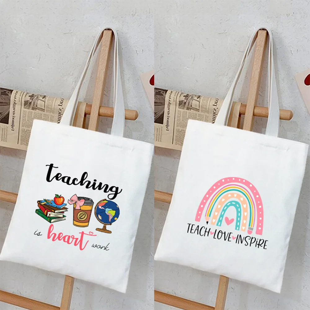 School Mistress Gift for Spanish Teachers Canvas Shopping Shoulder Handbags Cloth Totebag Bags Square Beach Bag with Rainbow