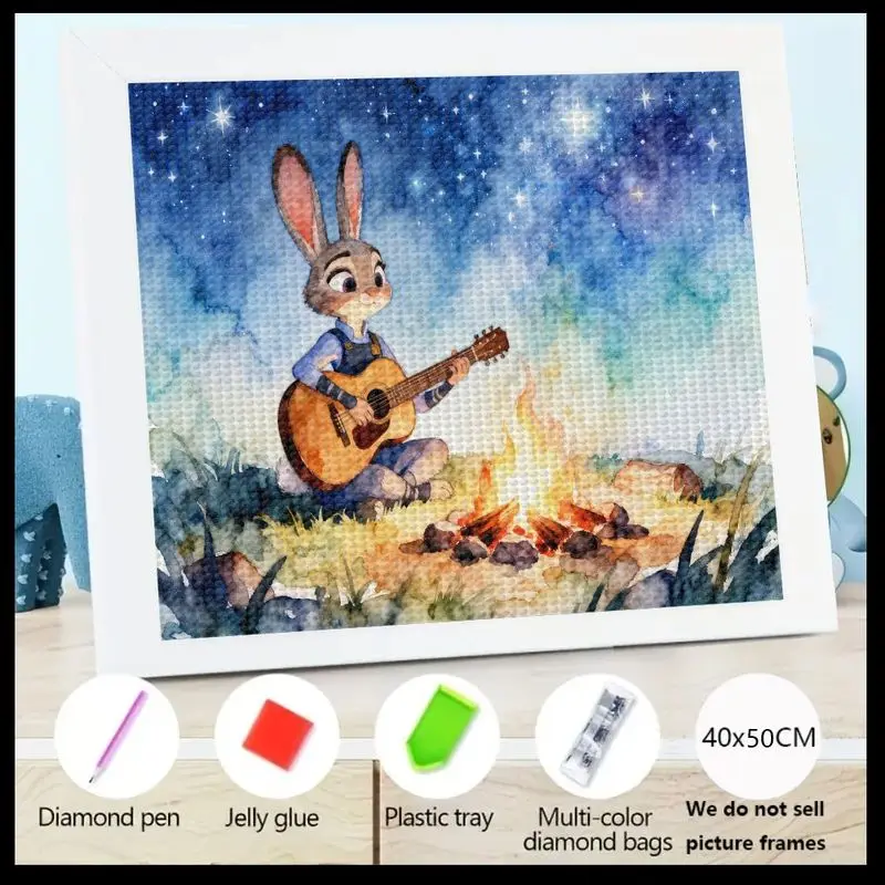 

1PC Cute Cartoon Rabbit Diamond Painting 5D Animal Art Kit, DIY Full Drill Crystal Gem Painting Set featuring Bunny Playing Guit