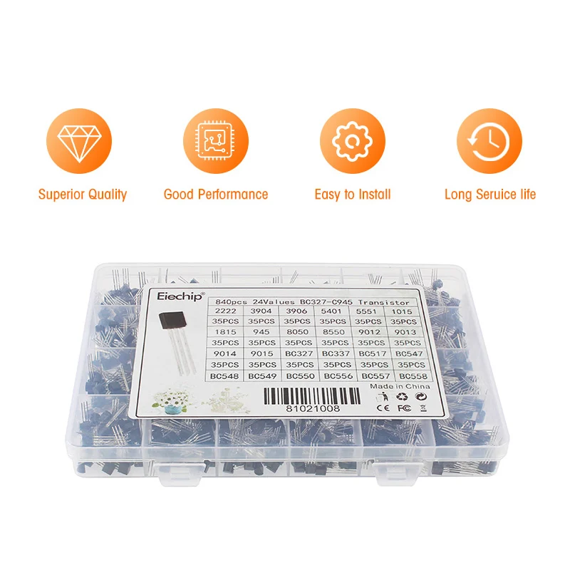 24 ค่า TO-92 840pcs ชุดทรานซิสเตอร์ NPN PNP ทรานซิสเตอร์ 2N2222 2N3904 2N5551 BC327 BC337 BC547 BC549 BC558 A1015 C1815 S8050