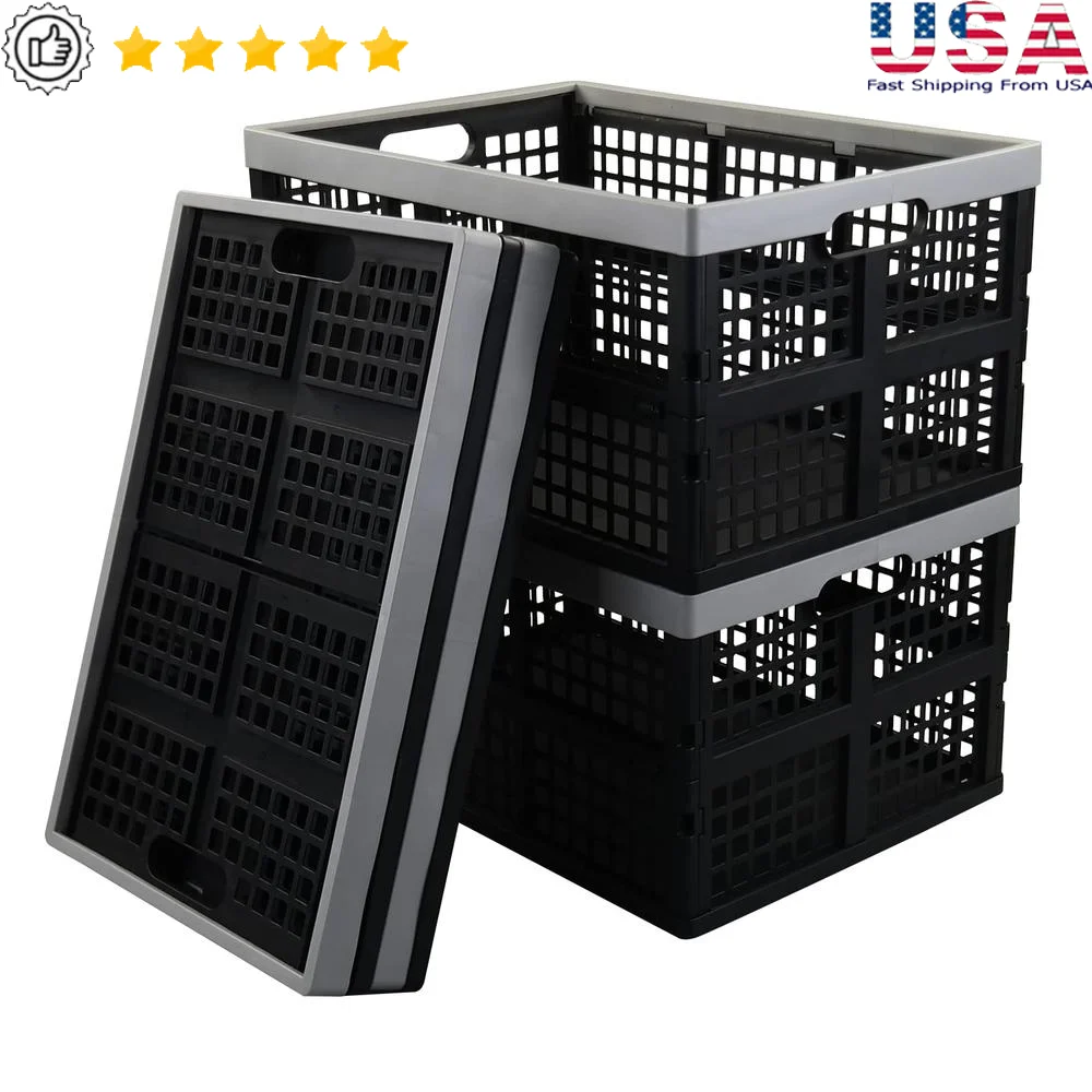 Multifunctional Stackable Foldable Plastic Storage Basket Set of 4 Black Stationery Books Snacks Toys Home Office Garage