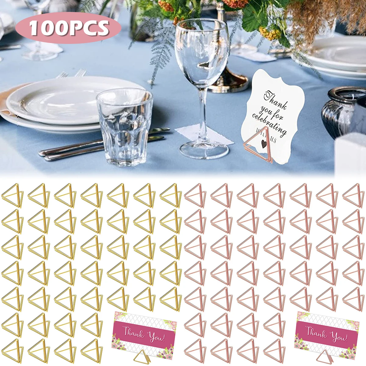 

100Pcs Table Card Holder Triangle Shape Card Stand Clip Metal Table Number Holders Place Card for Wedding Party Office Desk