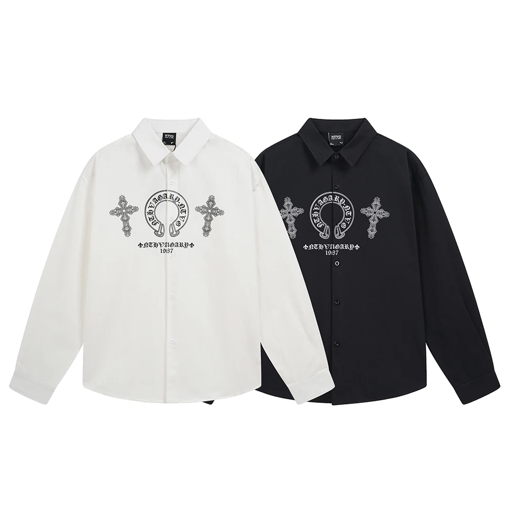 

Cross Letter Print Men's Shirts Y2k Streetwear Casual Tops Oversized Long Sleeve Shirt Korean Fashion Japan Style Cotton Clothes