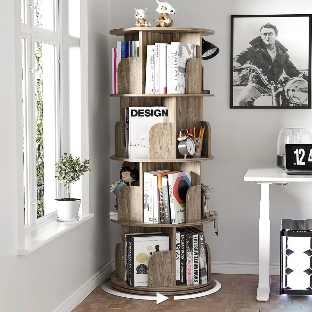 4 Tier Rotating Bookshelf, 360° Revolving Bookcase Wood Rotating Stackable Shelves Floor-Standing