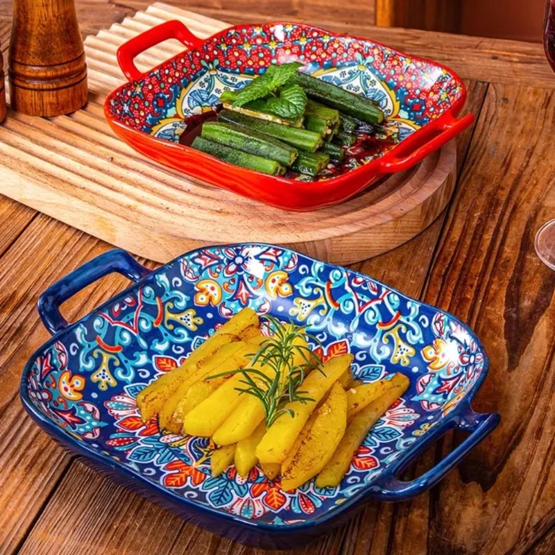 1 Piece of 9-Inch Bohemian Style Salad Plate with Double Ear Ceramic Pasta Dish, Can Be Used for Oven, Microwave