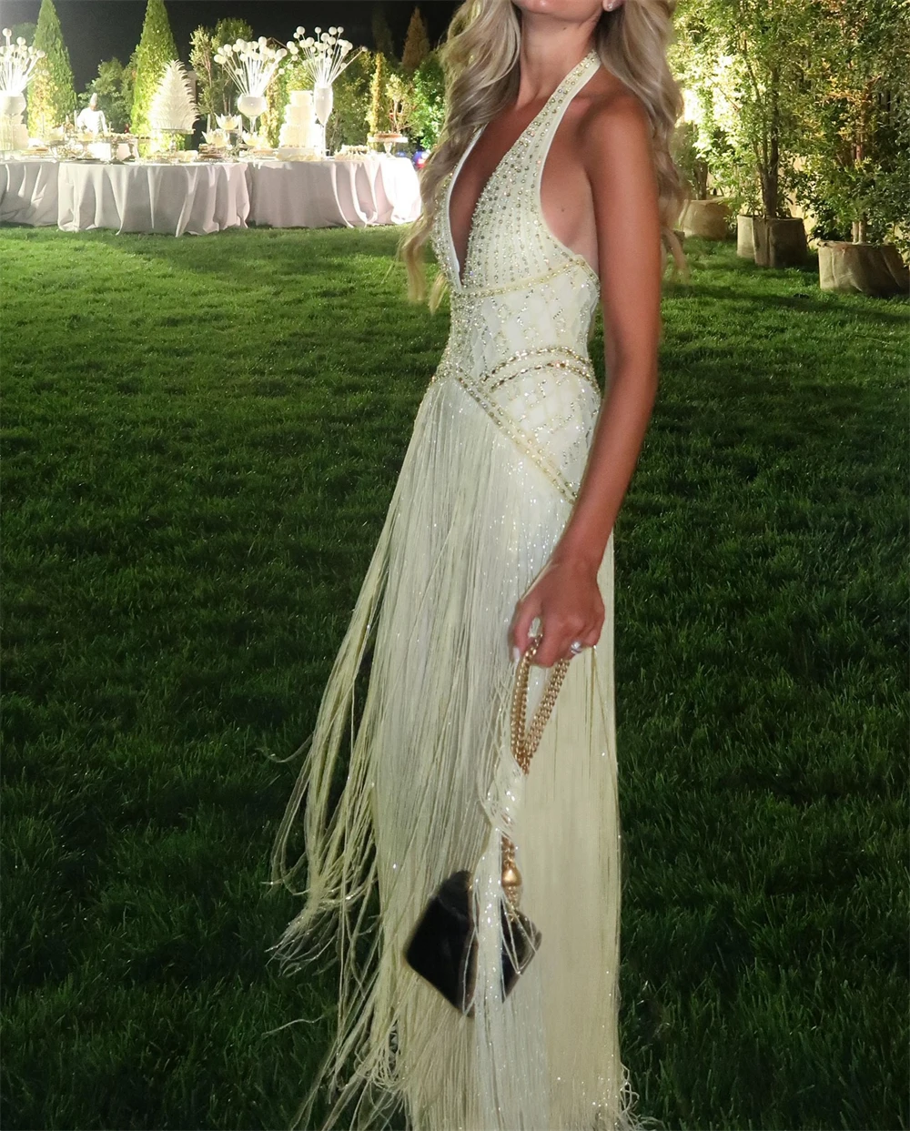 

Customized Sexy Jersey Halter V-Neck Evening Dress Simple Sleeveless Prom Dresses Sparkly Beading Tassel Special Occasion Gowns