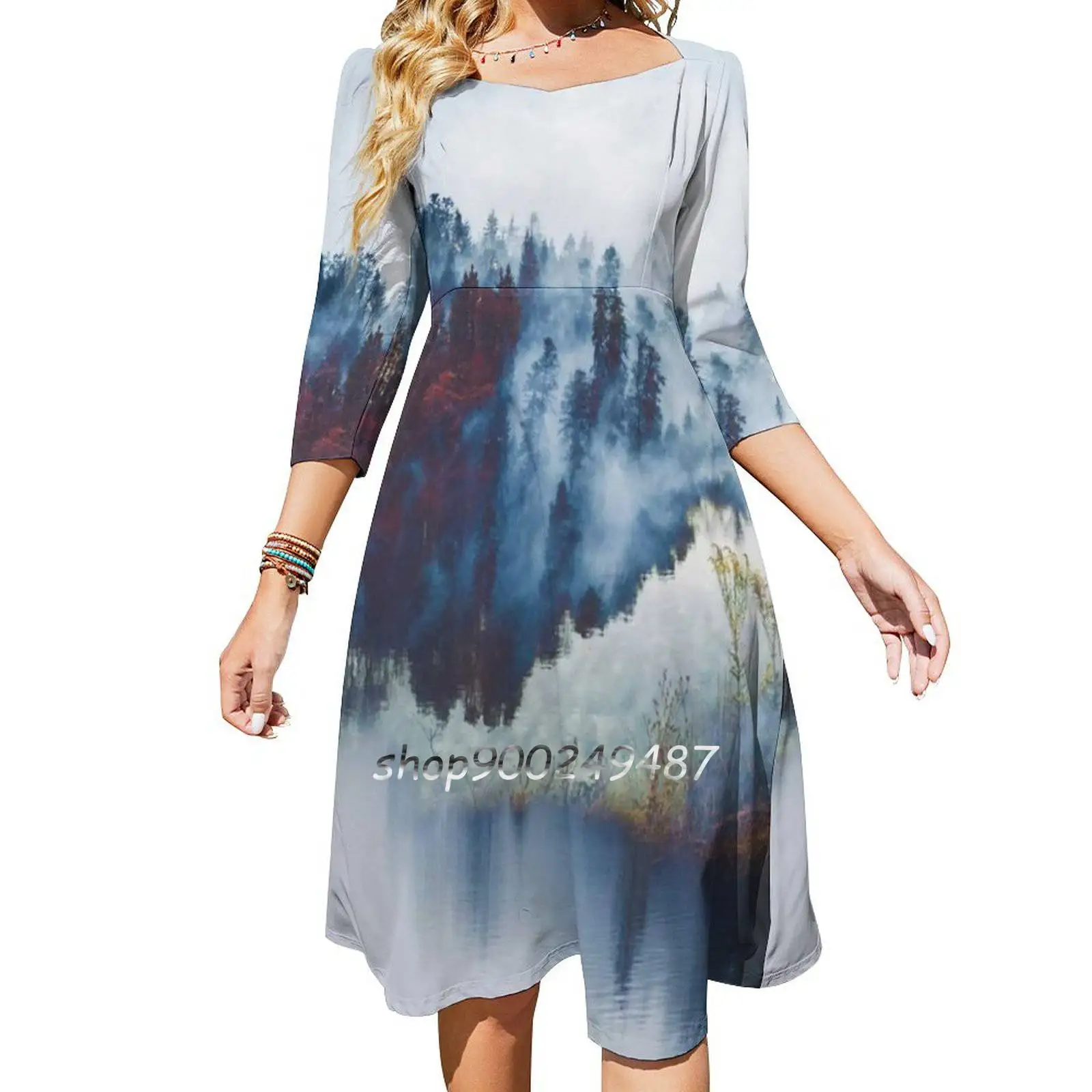 

Fog Flare Dress Square Neck Dress Elegant Female Fashion Printed Dress Landscape Fog Foggy Lake Clear Snow Tree Woods Forest