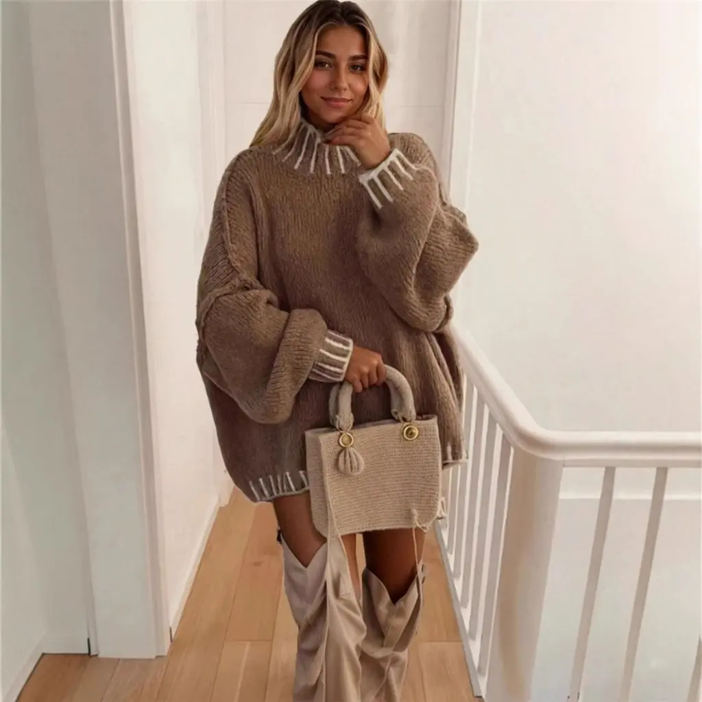 

Women's Turtleneck Design Contrast Color Loose Pullover Sweater Autumn Winter New Style from Europe And the United States