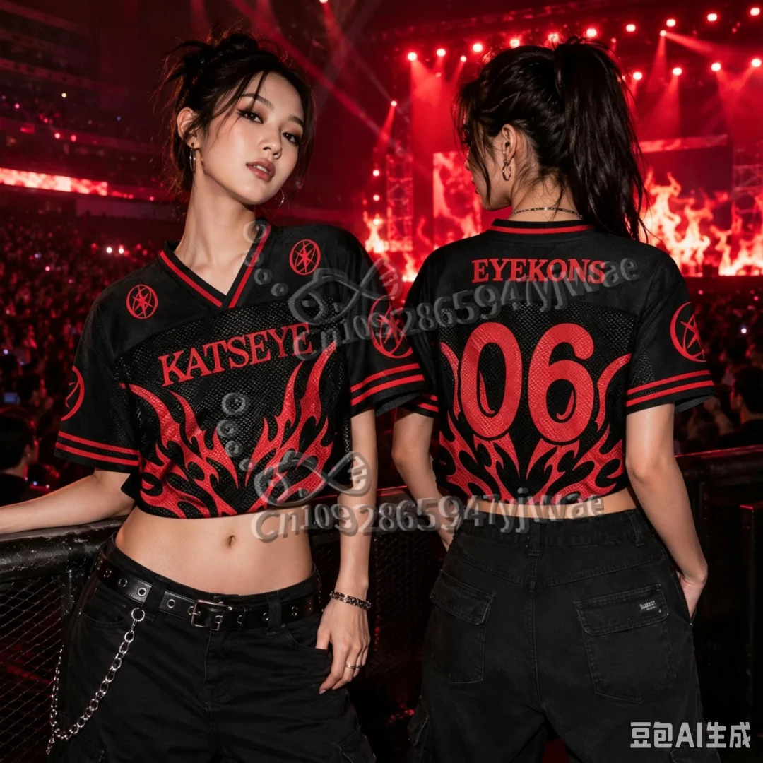 Kpop Katseye Mesh Crop Top Football Jersey EYEKONS Lara World Tour Concert For Fans Gift Streetwear Women Mens Crop Beach Tshirt