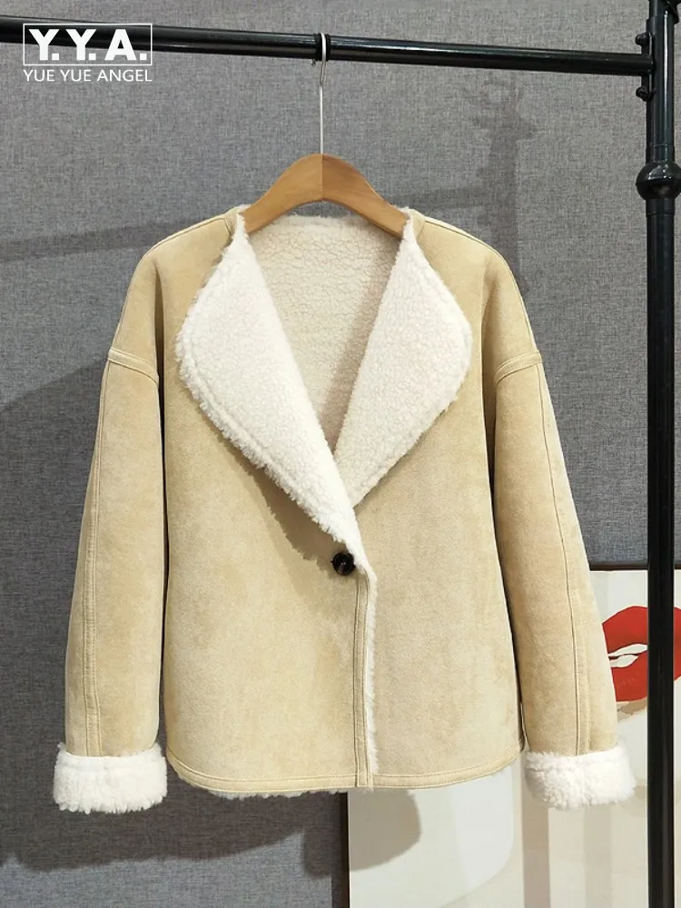 

Winter Hot Sale Women Reversible Wool Coat Real Sheep Fur Casual Coat Single Button Lapel Jacket Loose Fit Thick Warm Outerwear