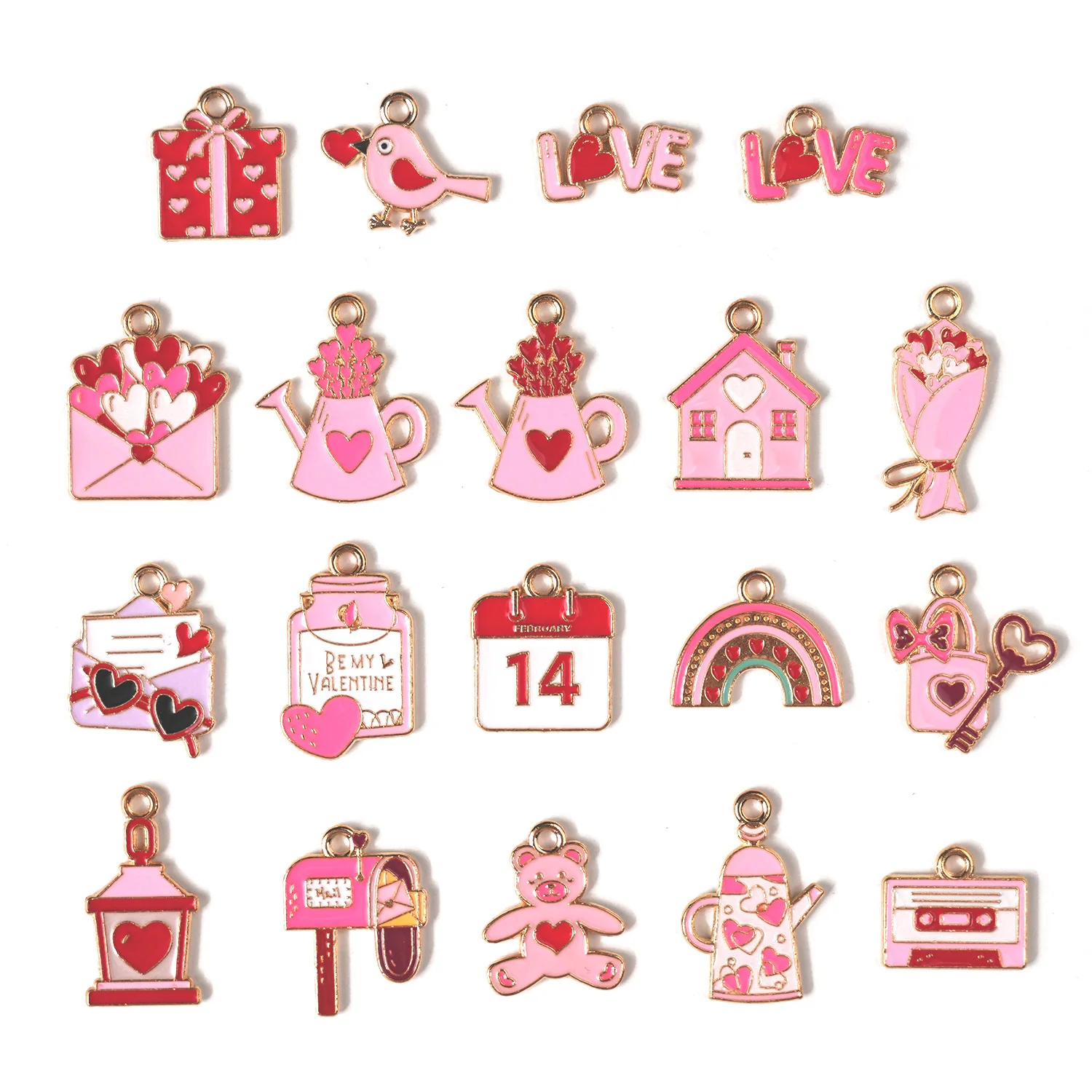 10pcs Pink Series Alloy Metal Enamel Charms Carrier Pigeon Tape Calendar Bottle Watering Pot Pendants for DIY Jewelry Making