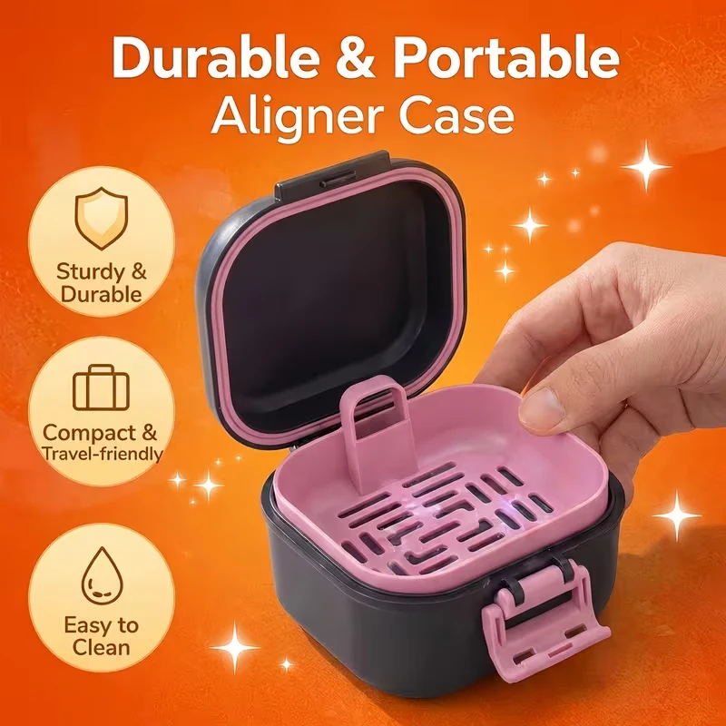 Snap-Lock Single-Layer Leak-Proof Denture Cleaning Box with Removable Drain Tray–Airtight Storage&Soaking Case for Clear Aligner