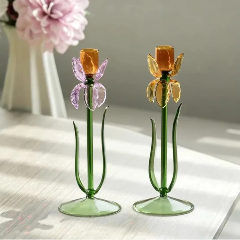 Modern Glass Three-dimensional Iris Flower Candle Holder Desktop Decoration Home Atmosphere Candle Holder Wedding Party Decor