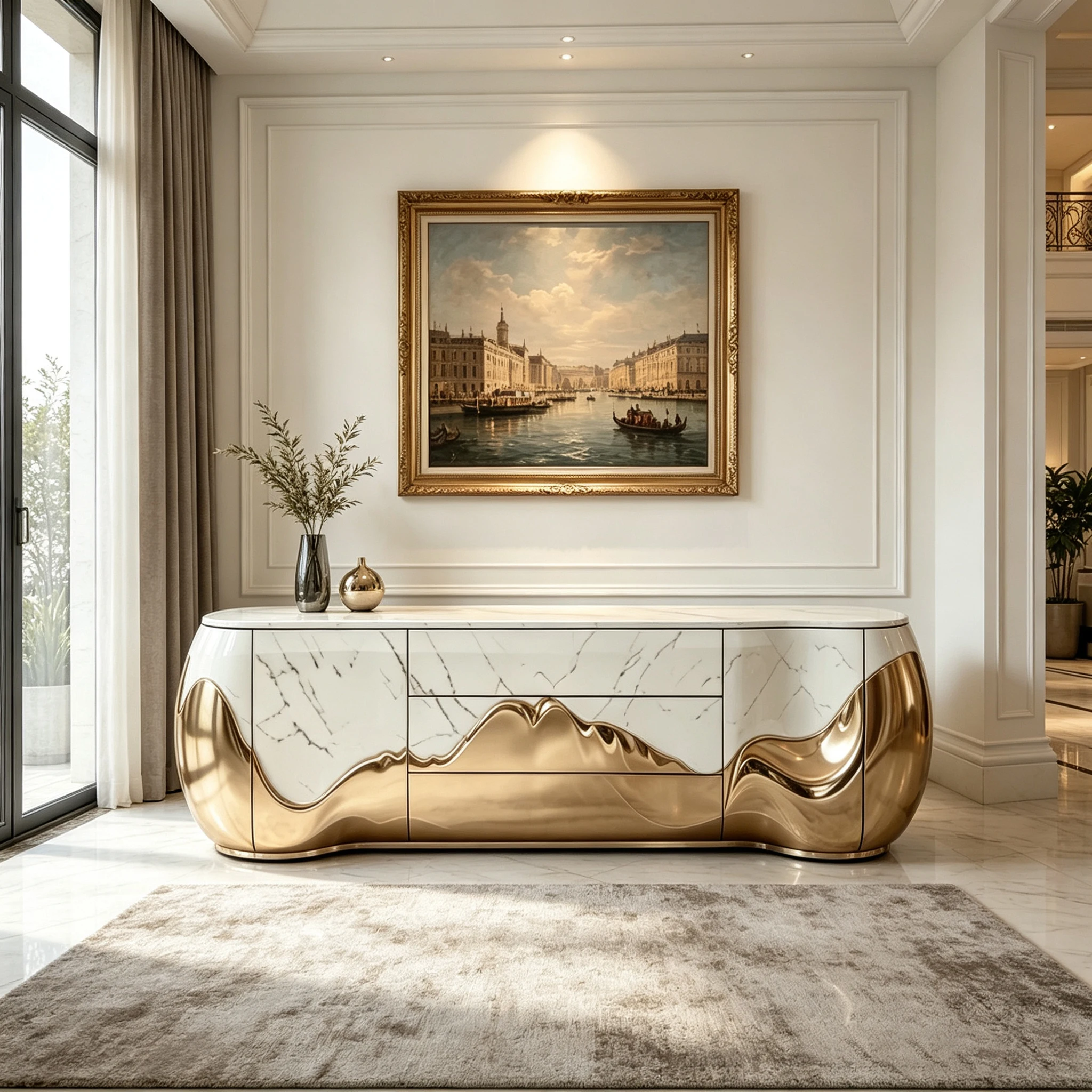 M*-White Marble Texture Fiberglass Cabinet Polished Mountain Gold Curved Sides Mixed Drawer for Villa Living Room Decor