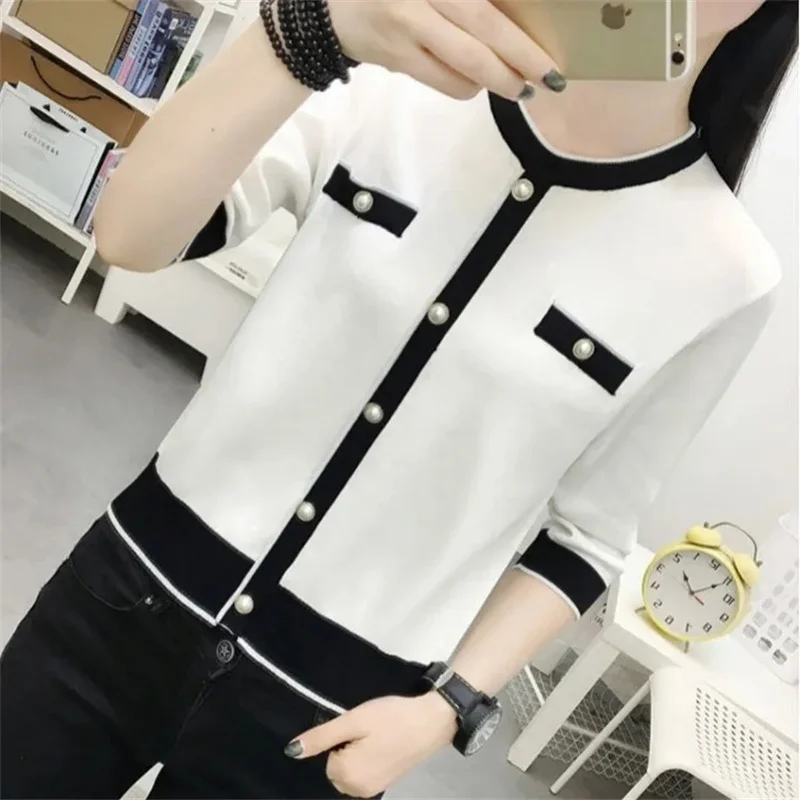 2024 New Sweater Short Knitted Women\'s Loose Thin Pullover Head Ice Silk Bottom Women\'s 3/4 Sleeve Top O-Neck Knit Shirt White