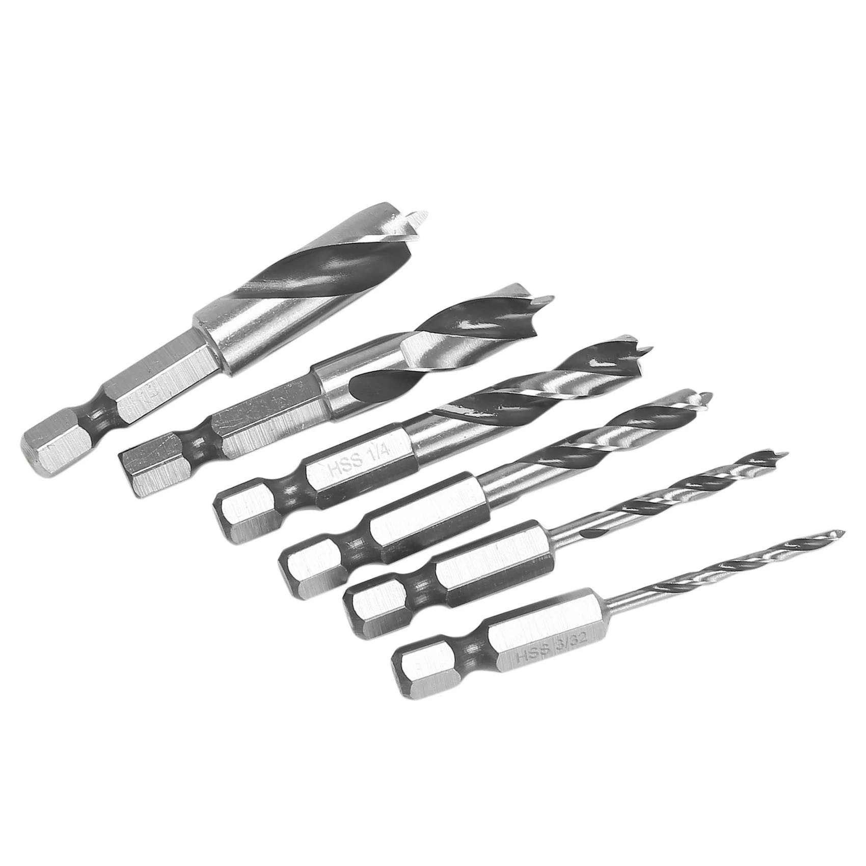 HSS SAE براد نقطة مثقاب قصير مجموعة للخشب ، تغيير سريع عرافة عرقوب ، 1/4 "، 3/8" ، 1/8 "، 3/16" ، 1/4 "، 5/16" ، 3/8 "،" ، "، 6 قطعة