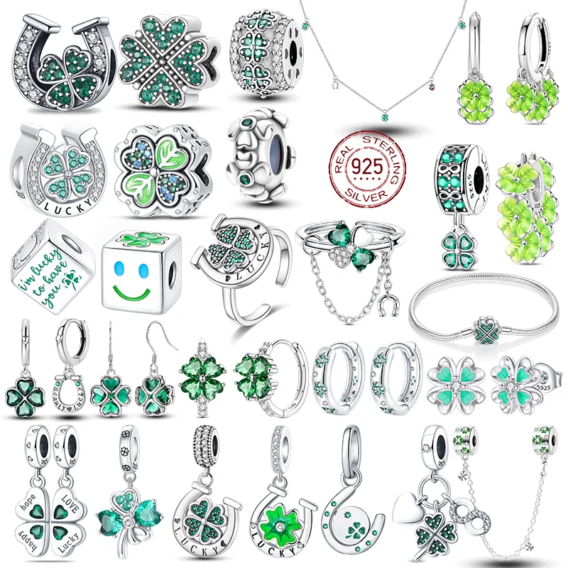 

925 Sterling Silver Four-leaf Clover Green Lucky Clover Pendant DIY Fine Beads Fit Original Charms Bracelet Women Jewelry Diy