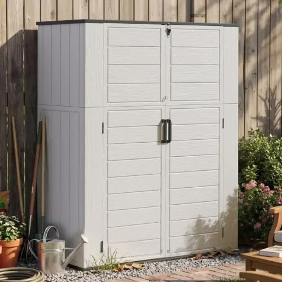Outdoor storage shed for garden tools and pool equipment: 61 cu.ft, widened vertical resin cabinet with floor, waterproof, gray
