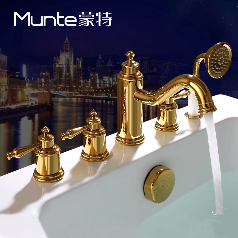 

A 5-piece set of copper Nordic style five hole bathtub faucets, bathroom bathtub side hot and cold water shower heads