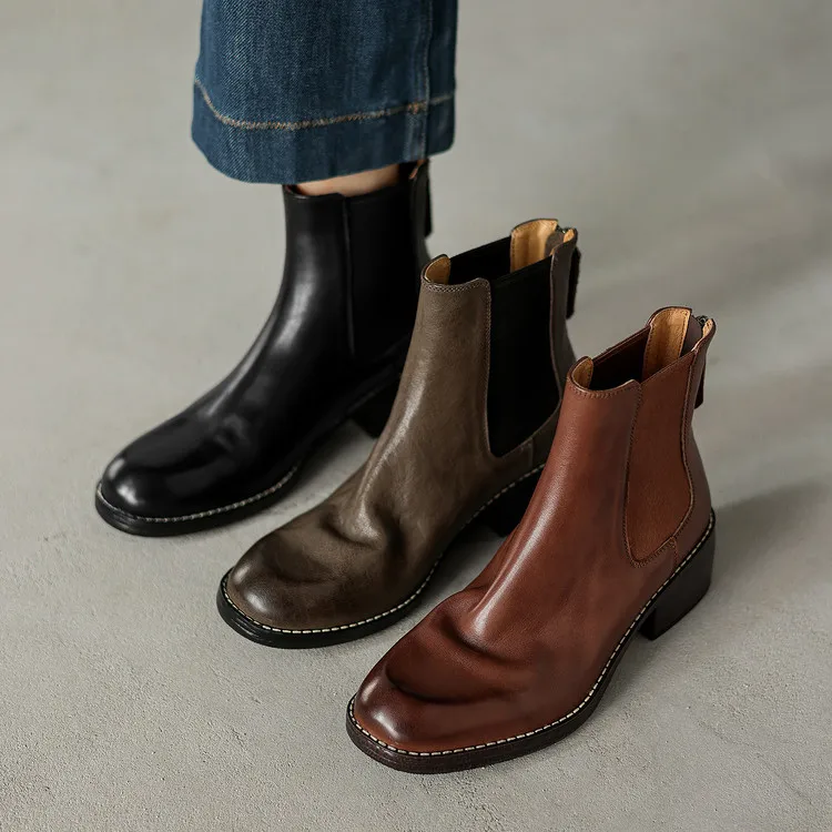 Винтажные женские ботинки из натуральной кожи, черные короткие ботинки челси с молнией сзади, серые осенние рыцарские ботинки, эластичные зимние ботильоны