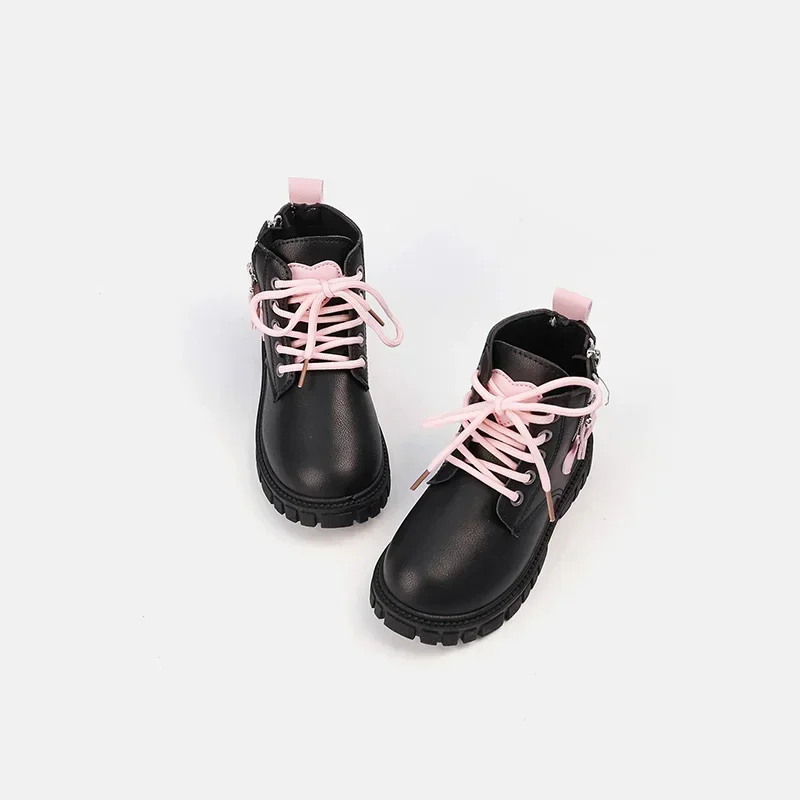 Girls Sweet Heart Patchwork Ankle Boots, PU Pink Contrast Lace‑Up Back Zipper Thick Non‑Slip Sole Cute Kids Fashion Short Boots