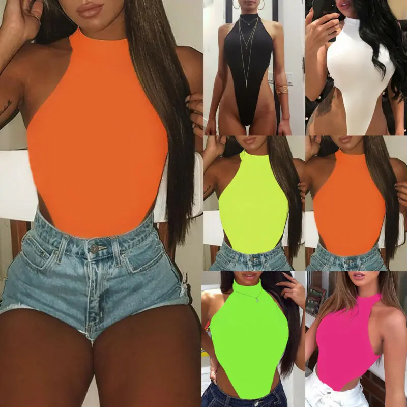 

Sexy Women Halter Bodysuits High Cut Bodycon Leotard Tops Summer Fashion Female Solid Sleeveless Bodysuits Bottomed Tops Summer