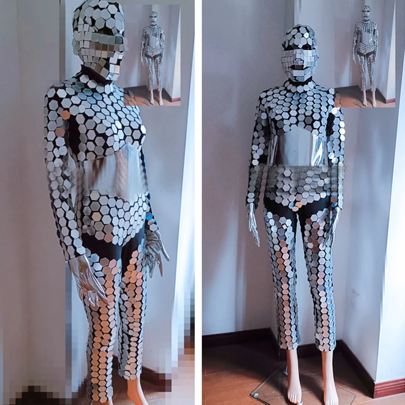 シルバーミラージャンプスーツ帽子男性女性ポールダンス衣装フルレンズジャズダンス衣装バーナイトクラブ DJ ステージ着用 XS9934