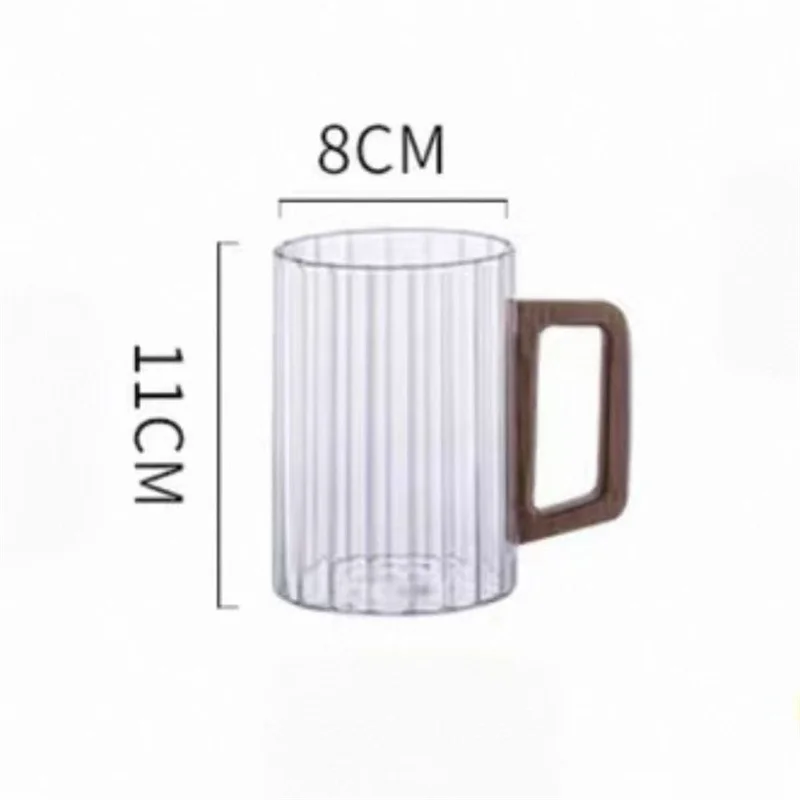 450ml Vertical Stripes Glass Tea Mug with Walnut Wooden Handle Heat-Resistant Glass Home Tea Milk Coffee Mug Breakfast Cups