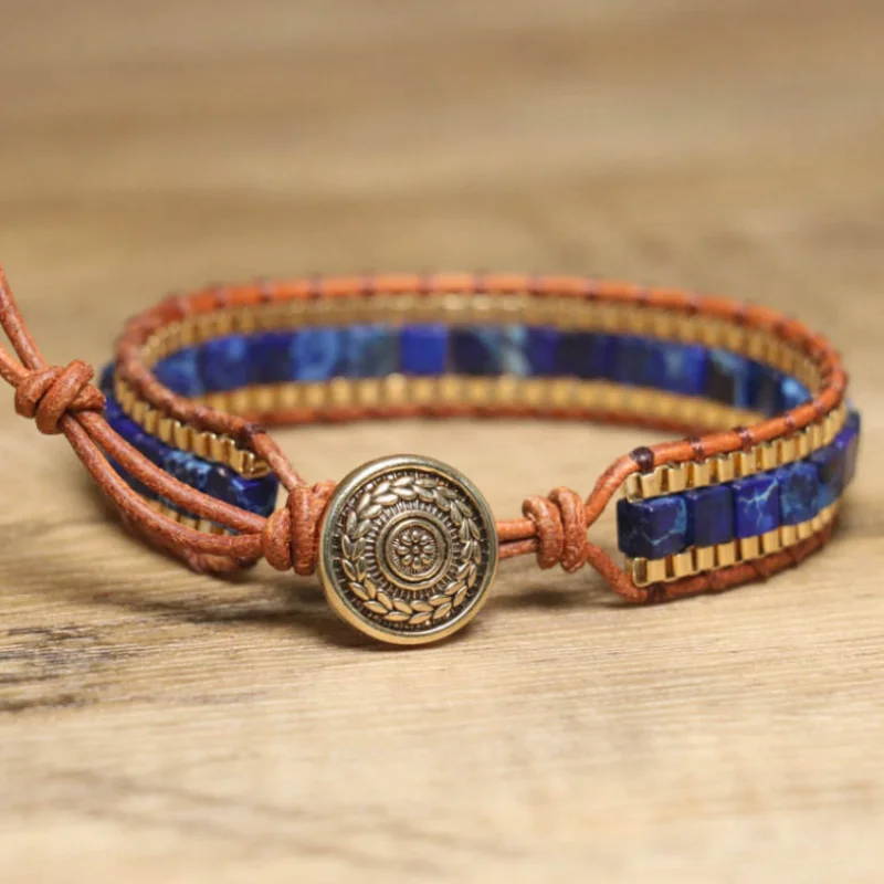 Dainty Blue Imperial Jasper Bracelet Natural Blue Sea Sediment Jasper Handicraft Yoga Healing Boho Bracelet for Women Girls