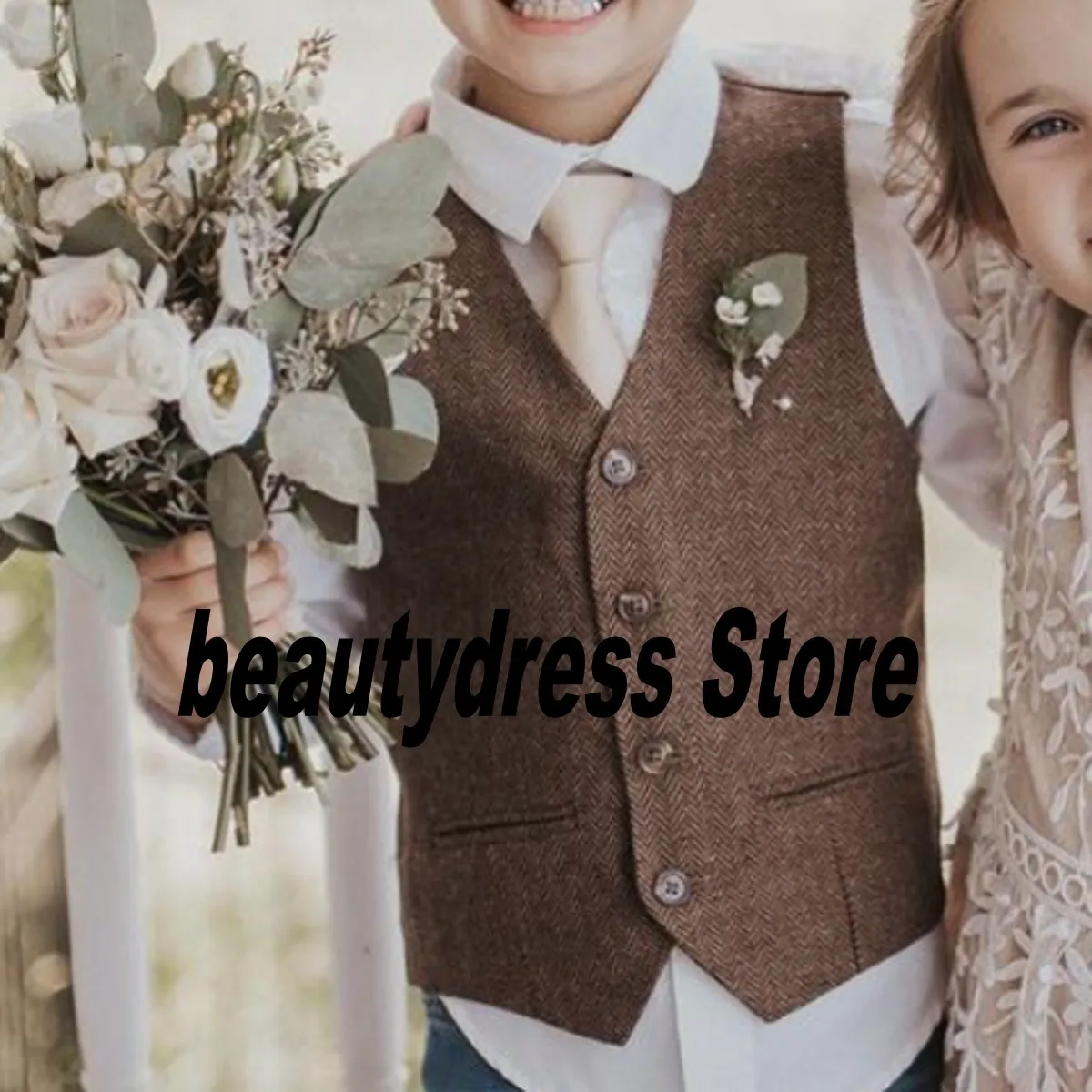 Brown Wool  Boy's Formal Wear Vests For Wedding Party Herringbone Toddler Kids Boy Custom Made