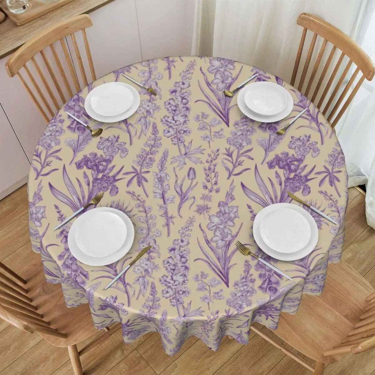 Custom Purple Flower Toile De Jouy Tablecloth Round Oilproof Floral Inspired Pattern Table Cloth Cover for Banquet 60 inches