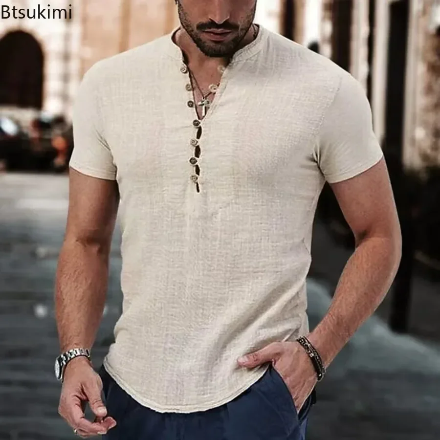 

New 2024 Men's Summer Cotton Linen Short Sleeve Shirts Breathable Man Shirts Solid Casual Loose Comfortable T-Shirt for Man Tops