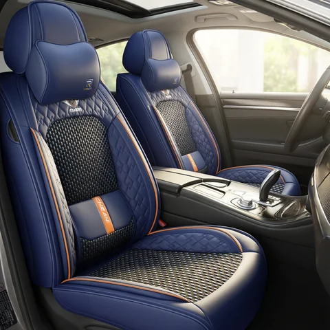 5-Seat Car Seat Cover, New Nappa Leather Ice Silk Fixed Lumbar Support, Four-Season Universal, Suitable for Most Cars