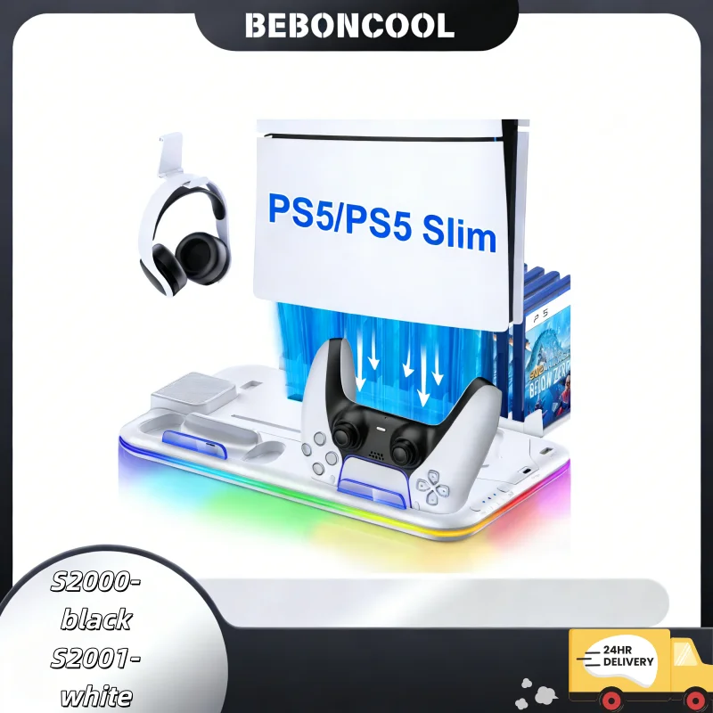 

Подставка BEBONCOOL S2000 для PS5 Slim | Подставка для игровых контроллеров с 3 режимами охлаждения, RGB-подсветкой, двойной зарядкой и 15 слотами для дисков/цифровых игр, для профессиональных геймеров