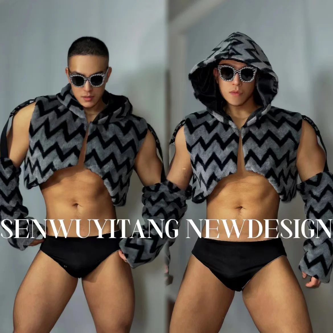

Fashion Personalized New Design Detachable Sleeves Outfits Fur Top Shorts Hip Hop Jazz Stage Singer Performance Clothing Set