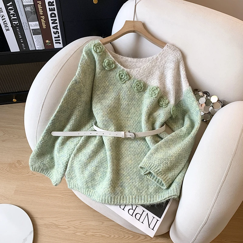 

Корейский стиль, контрастный цвет, v-образный вырез, трехмерный цветочный свитер, женский осенне-зимний свободный вязаный свитер с поясом