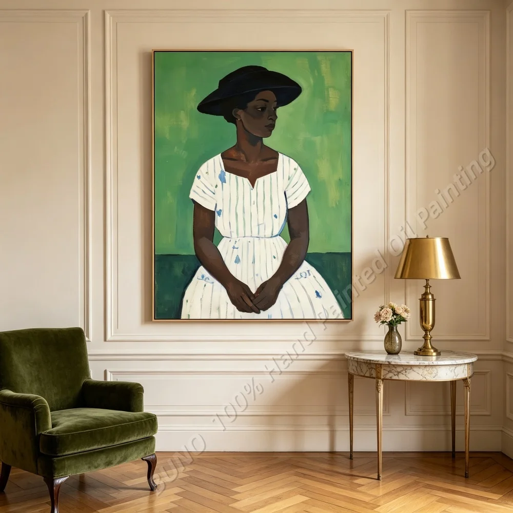 Hand Painted Abstract Oil Painting Original Black Woman Portrait Green Wall Art African American Home Living Room Decor Bedroom