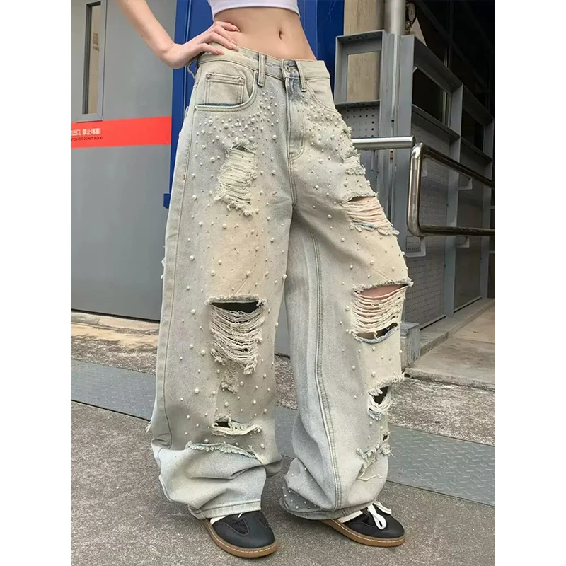 Women's Fashion High Street Destroyed Jeans Pants With Pearls Loose Fit Vibe Style Hip Hop Denim Trousers Ripped Jeans With Hole