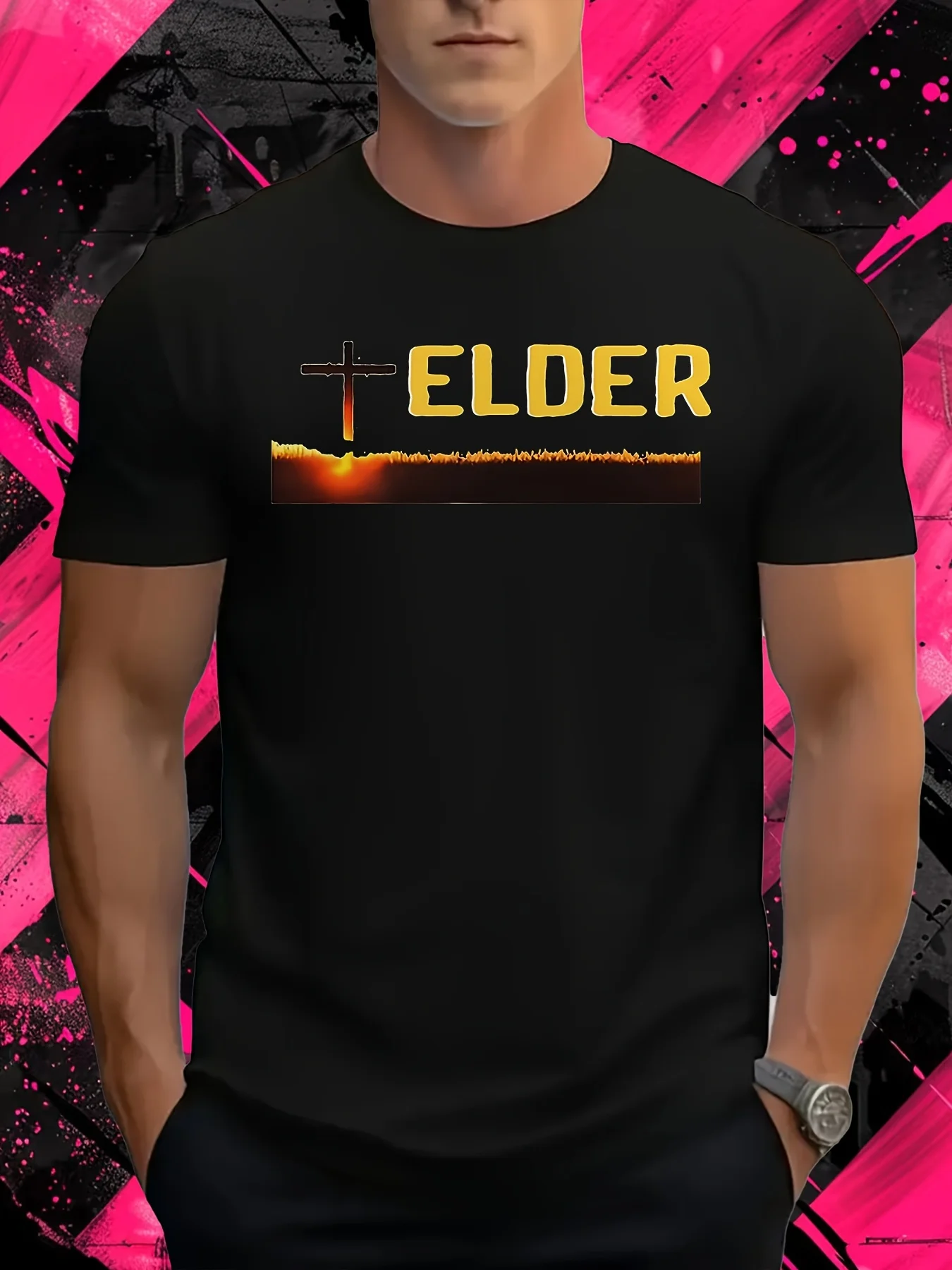 

Men's Elder Pattern T-Shirt - Christian faith design, Elder/Jesus Flame Cross - Soft and breathable cotton T-shirt