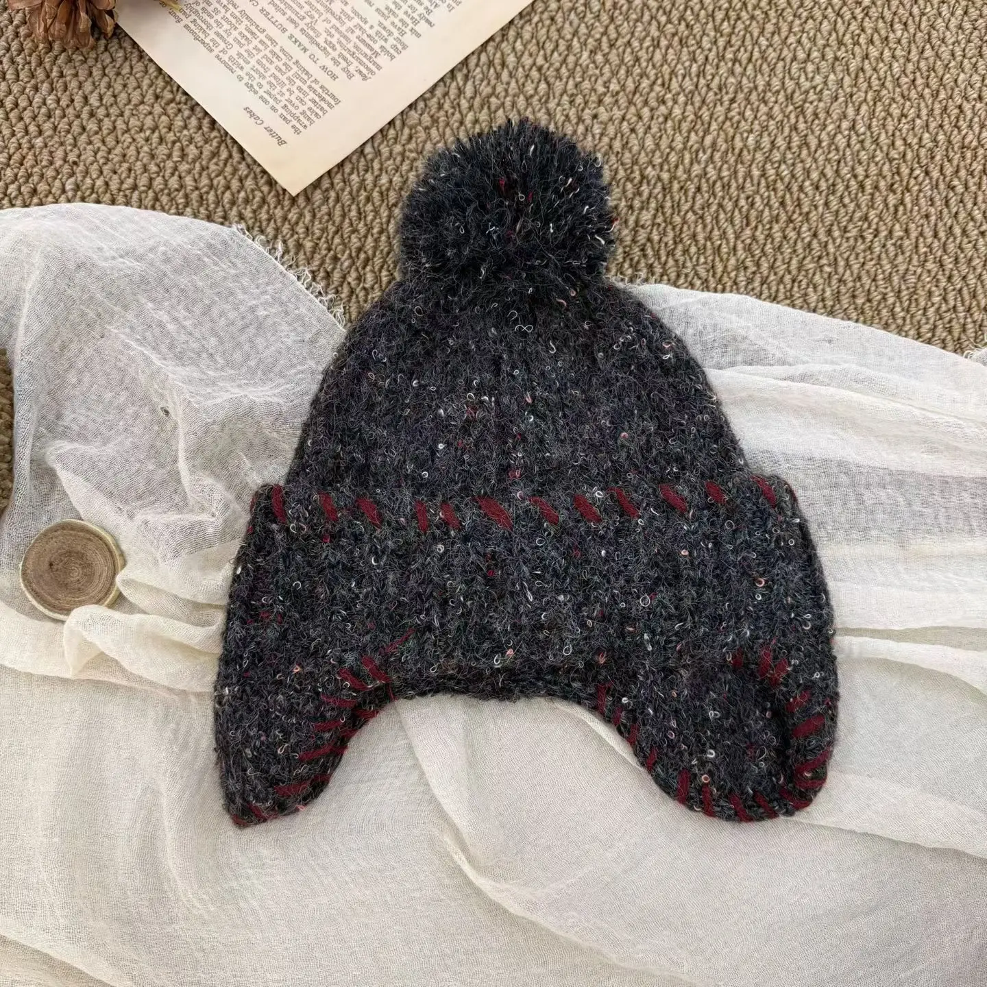 Women Winter Color‑Mixed Pom Pom Knitted Beanie Hat Warm Ear Flaps Face‑Slim Oversized Big Size Cold Proof Ladies Pullover Cap