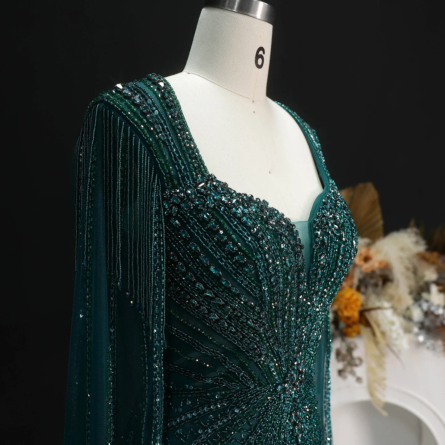 Sharon Said Dubai Luxuriöses Champagner-Meerjungfrauenkleid mit Cape-Ärmeln für Damen, Hochzeitsfeier, Ballkleider SS024, Maßanfertigung – Detail 17