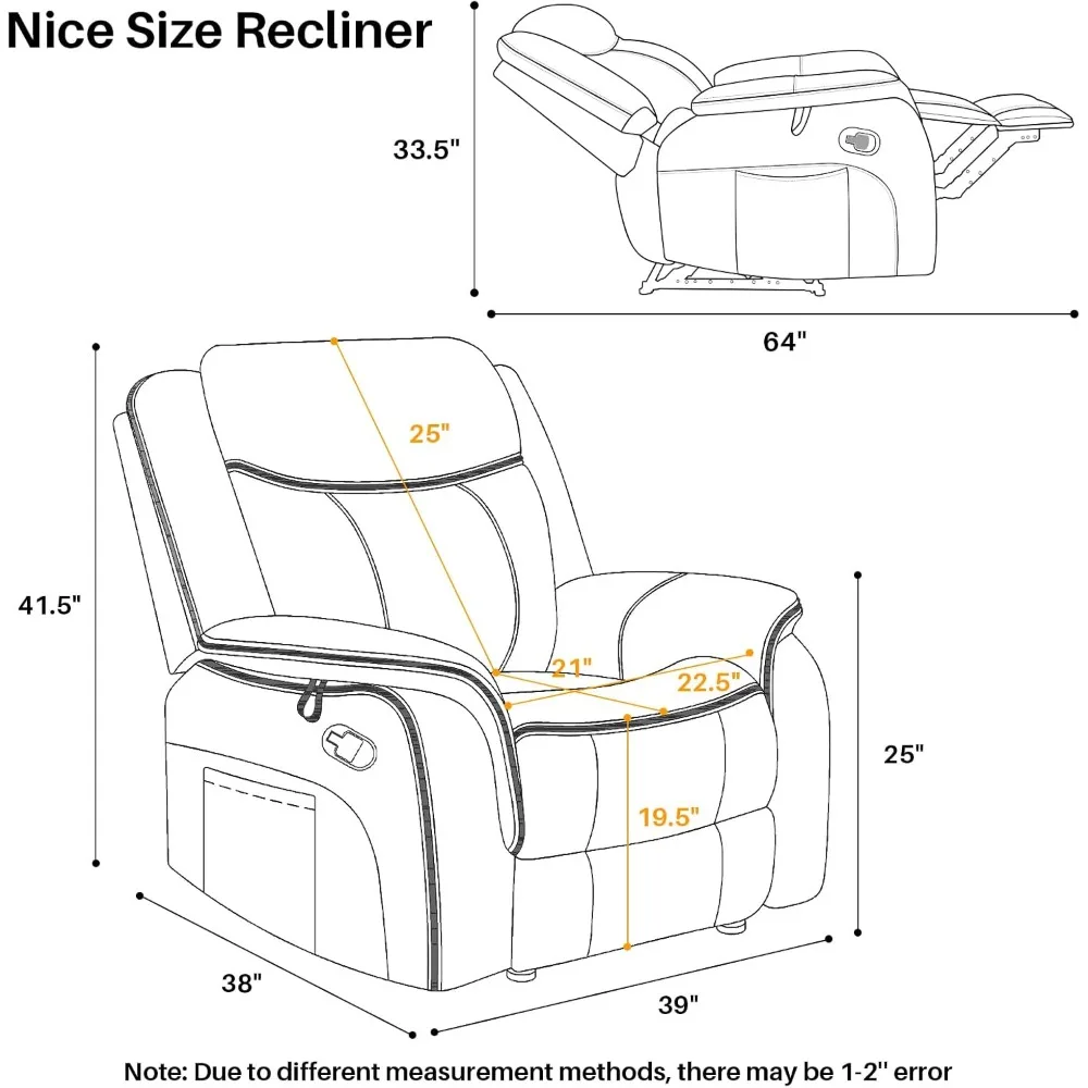 Kursi Pijat Recliner dengan Pemanas, Kursi Recliner Kulit Imitasi untuk Dewasa, Kursi Santai Ergonomis Manual Lebar 39 inci