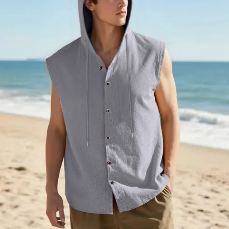 Loose Casual American Style Men's Summer Linen Hooded Sleeveless Shirt Hip Hop Trendy Top Comfortable Breathable Garment