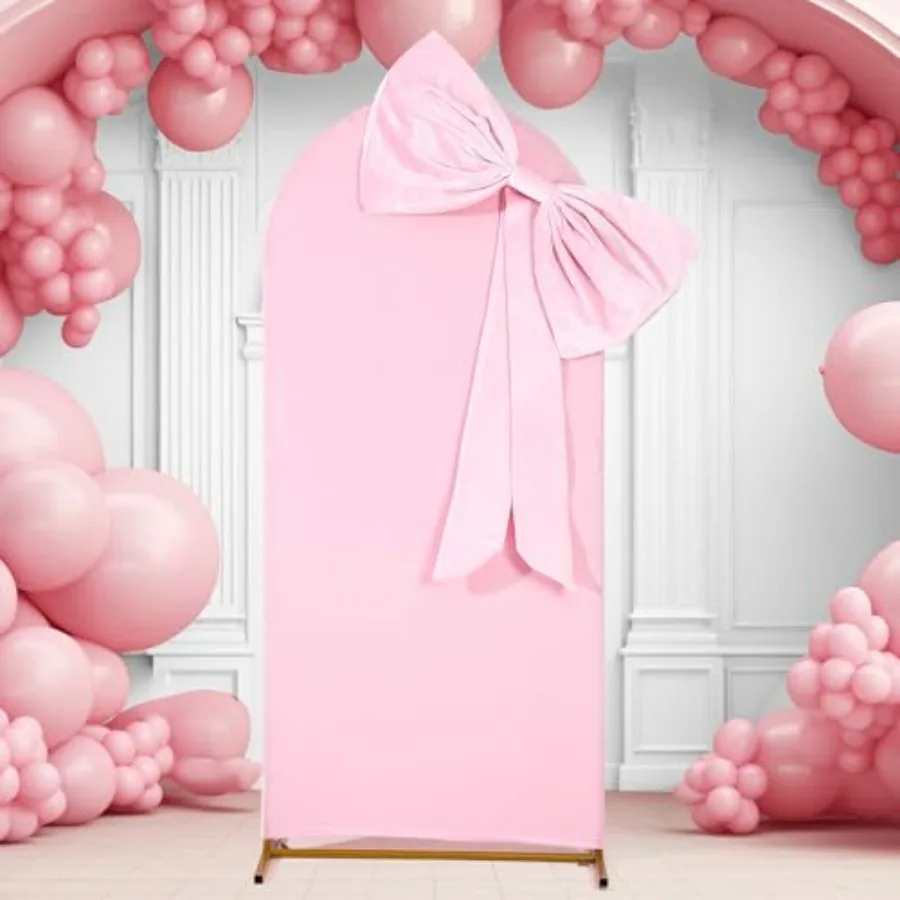 

6ft Pink Arch Backdrop Cover with Large Bow Ornament Spandex Fitted Round Top Backdrop Stand Cover for Wedding Birthday Party B