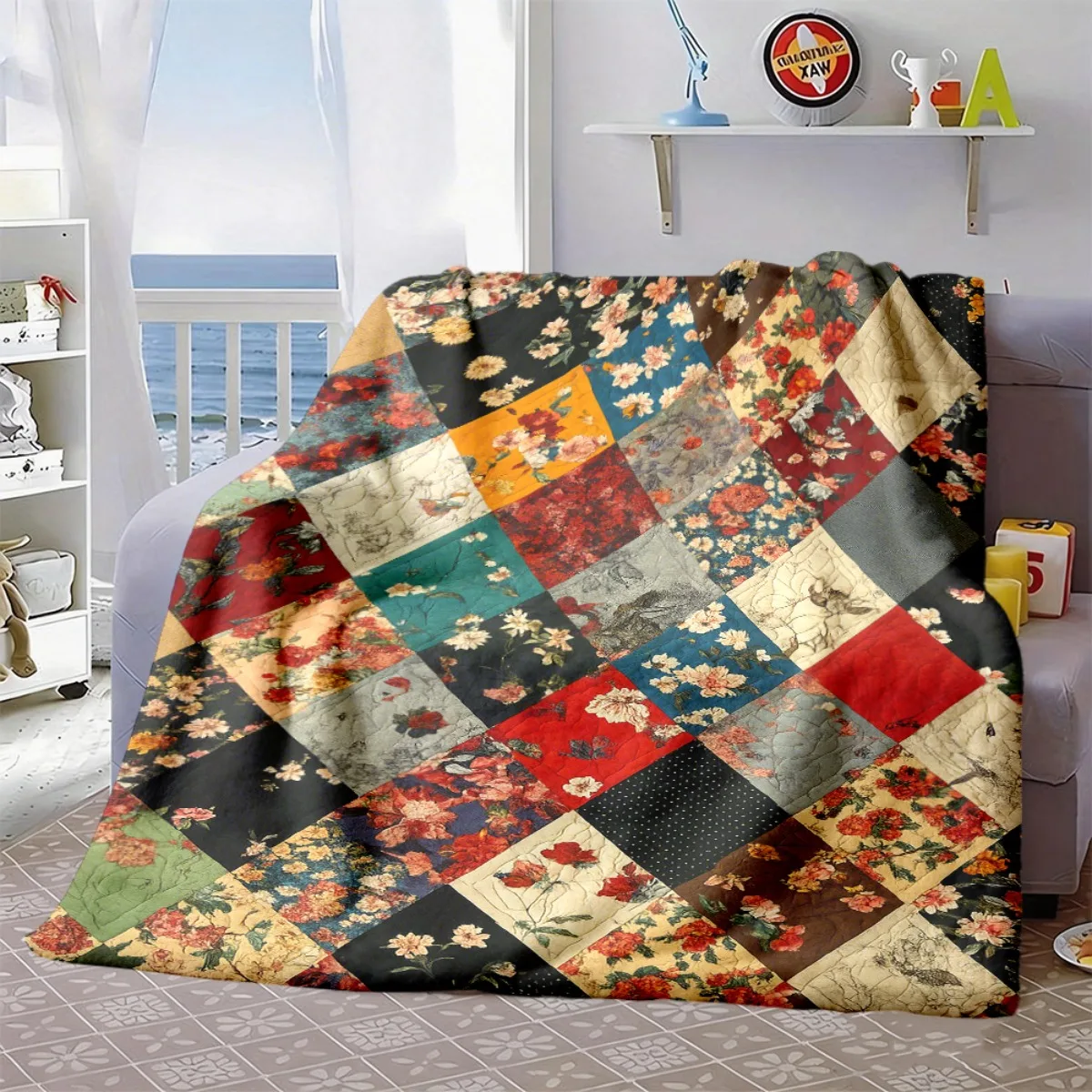 Antique Floral Patchwork Flannel Blanket, Retro Mixed Flower Spliced Art Throw for Living Room Bedroom & Warm Holiday Gift Picks