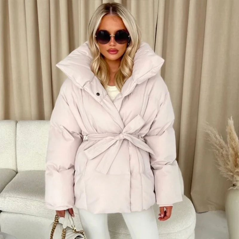 المرأة الأزياء الصلبة التلبيب التعادل متابعة معطف القطن بأكمام طويلة الخصر Cinched الدافئة فضفاضة سترة سيدة عارضة تخفيف الشتاء أبلى #5